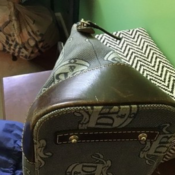 Dooney & Bourke Signature Logo Satchel Brown Leather Trim Classic Style - Picture 3 of 4